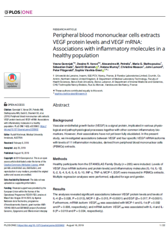 2019.Peripheral blood mononuclear cells extracts VEGFprotein levels and VEGF mRNA- Associations with inflammatory molecules in a healthy population