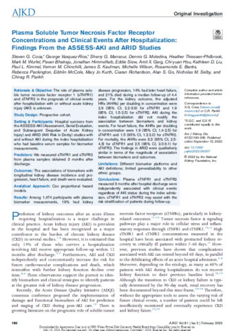 2022.Plasma Soluble Tumor Necrosis Factor Receptor Concentrations and Clinical Events After Hospitalization- Findings From the ASSESS-AKI and ARID Studies