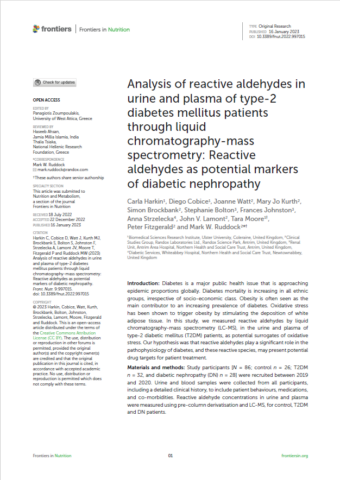 2023.Analysis of reactive aldehydes in urine and plasma of type-2 diabetes mellitus patients through liquid chromatography-mass spectrometry Reactive al